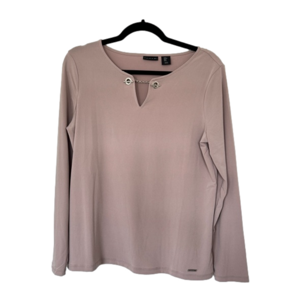 New Tahari long sleeves blouse with chain detail front pink/beige